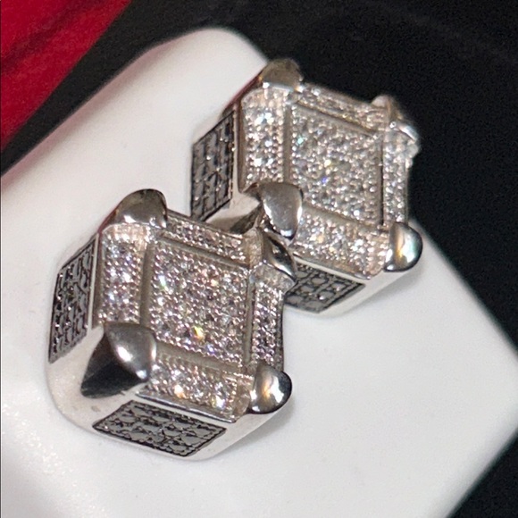 Silver Square CZ Stud Earrings - Picture 7 of 8